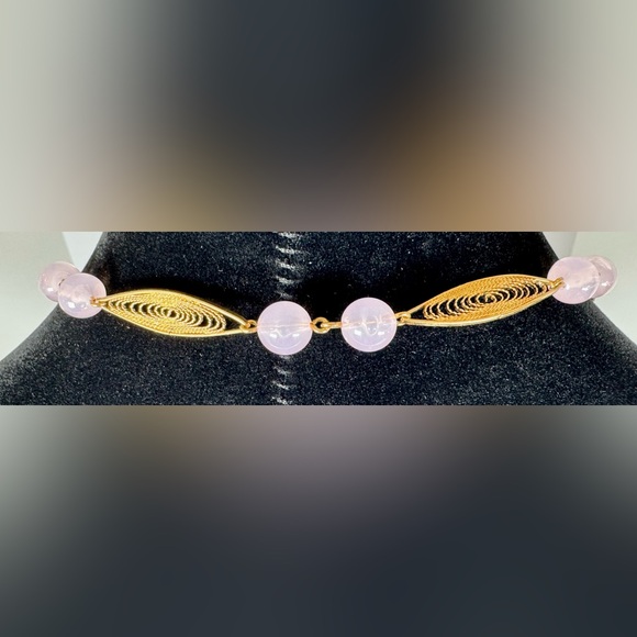 Vintage Trifari Pink Beaded & Gold-tone Trifanium Necklace - Picture 5 of 11